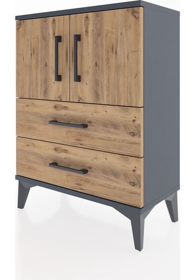Arges Komodin 2 Raflı 2 Çekmeceli 2 Kapaklı 60x30x80 Antrasit-çam Antrasit