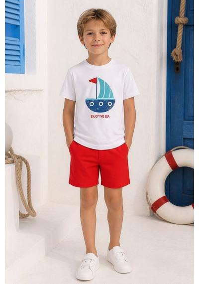 Eray Alp Kids Erkek Çocuk Kırmızı Yelken Baskılı Tişört Şort Takımı Yazlık Günlük Model