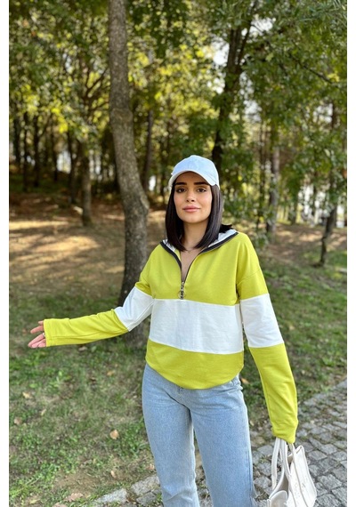WeShaya Kadın Yağ Yeşili Uzun Kol, Dik Yaka, Fermuarlı, Double Color Block Basic Sweatshirt Bluz Yağ Yeşili WeShaya Kadın Yağ Yeşili Uzun Kol, Dik Yaka, Fermuarlı, Double Color Block Basic Sweatshirt Bluz Yağ Yeşili