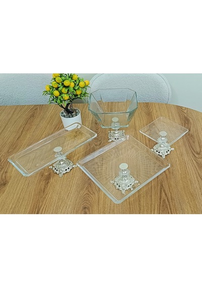 Elta Collection 4 Parça Gümüş Pasta Sunumluk Kurabiyelik Seti Gri