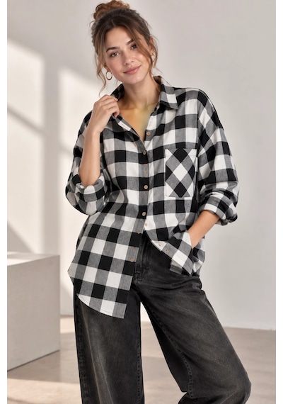 Bb Butik Basic Kadın Ekose Gömlek Oversize Oduncu Gömlek Uzun Kollu Cepli Günlük Tr0935 siyah