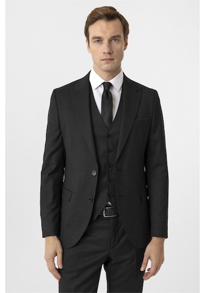 Süvari Siyah Slim Fit Armürlü Sivri Yaka 6 Drop Yelekli Klasik Takım Elbise-35629 Siyah