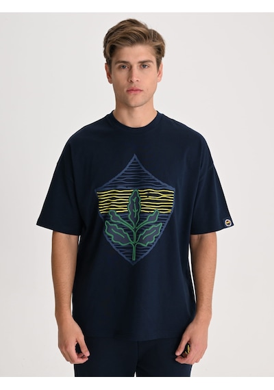 Fenerbahçe Lacivert Tribün Çizgili Arma Erkek Oversize Tshirt Fb Laci Yeni