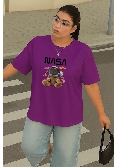 Büyük Beden Nasa Ayıcık Baskılı Unisex Tişört Mor