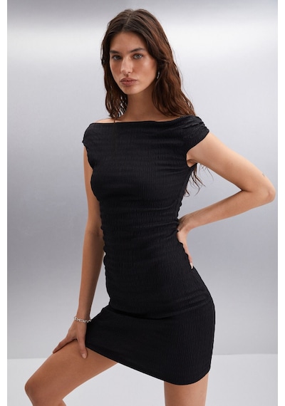 Ethıquet Innsa Kadın Bürümcük 3 Boyutlu Kumaşlı Tek Omuzlu Bodycon Siyah Elbise