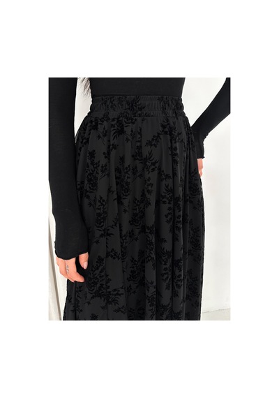Winmoda34 Kadın Beli Lastikli Tül Baskılı Etek İçi Astarlı Asimetrik Kesim Siyah
