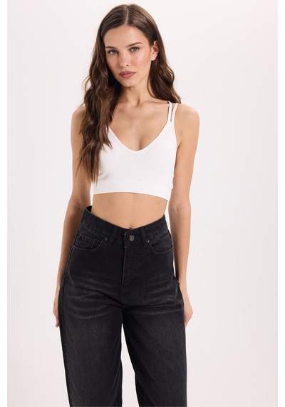 Tudors Kadın Slim Fit Dar Kesim Çapraz Bağlamalı Askılı V Yaka Ekru Crop -51181
