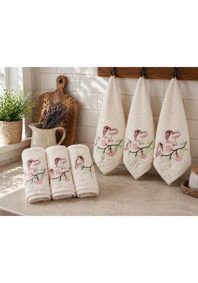 3 Lü Nakışlı Mutfak Havlusu Seti 30x50 Cm Kutulu Hediyelik Pamuk Havlu Takımı Krem