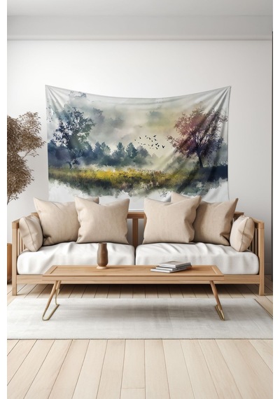 Sisli Sabah Manzarası Desenli Duvar Halısı Duvar Örtüsü Tapestry Süet Dokulu Kumaş