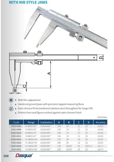 Dasqua 1310-0020 0-1500mm Tek Çene Mekanik Kumpas 0,02 Çene Boyu 150