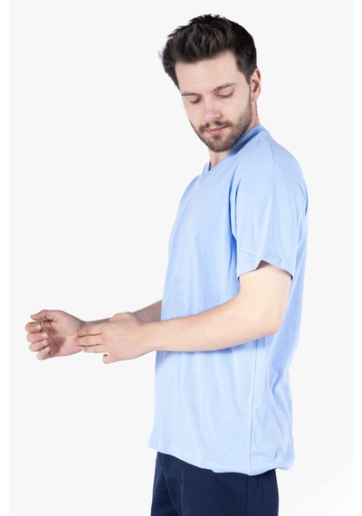 Yıldırımlar T-shirt V Yaka %100 Pamuk Gök Mavi