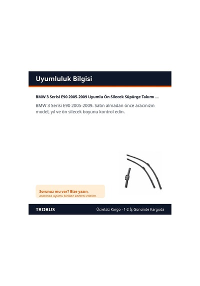 Trobus Bmw 3 Serisi E90 2005-2009 Uyumlu Ön Silecek Süpürge Takımı 24-19 İnç
