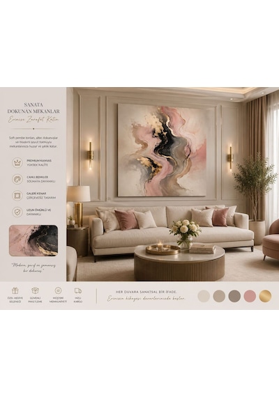 Premium Soft Pembe & Altın Dokulu Soyut Kanvas Tablo Modern Lüks Duvar Dekoru Genç Kız Odası, Yatak Odası, Salon Ve Çalışma Odası Dekorasyonu