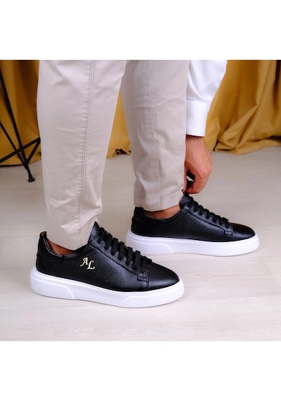 Twingold Kişiselleştirilebilir Kalın Ortopedik Tabanlı %100 Deri Sneaker Spor Ayakkabı - Siyah - Beyaz Siyah