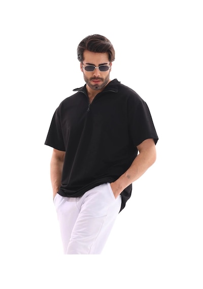 Novalisse Erkek Yarım Fermuarlı Düz Oversize T-shirt - Siyah Çoklu Renk