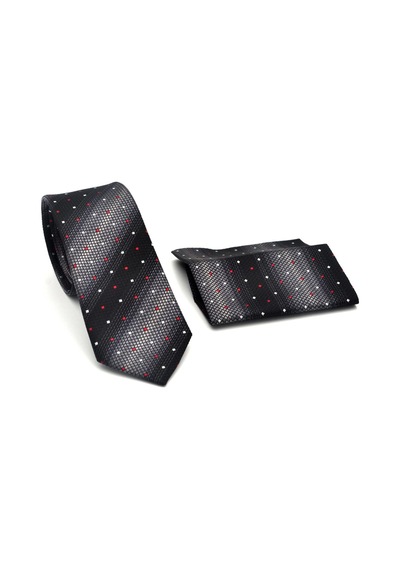 Gaffy Gri Verev Desenli Siyah Dokuma Kumaş Mendilli Slim Fit Kravat // Sdk-2505-1 Siyah
