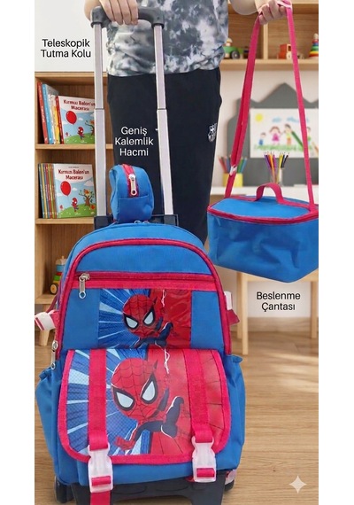 2 Kademeli Çekçekli Tekerlekli Karekter Desenli Erkek Mavi 3 Lü Set Takım İlkokul Sırt Çantası 40 27 17cm