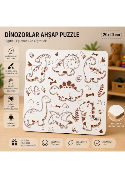 Dinozorlar Dünyası Eğitici Ahşap Puzzle 20x20 Cm Okul Öncesi Zeka Geliştirici Oyuncak