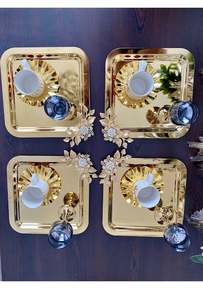 Atabey Home Collection 6'lı Kahve & Çay & Sunum Tepsisi Gold Lüx Kristalize Taşli Model