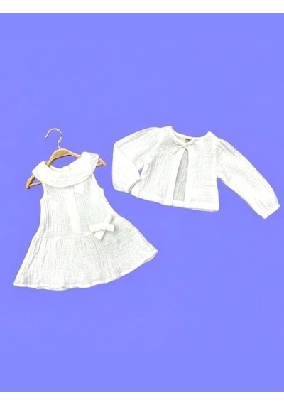 Çikoby Kız Bebek Müslin Kumaş Hırkalı Elbise Takım-15682 Ekru