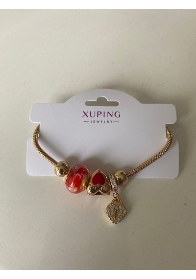 Uzel Xuping Gold Altın Renk Kırmızı Kap, Kırmızı Boncuklu, Taşlı Kalp Charmlı Çelik Bileklik Kırmızı