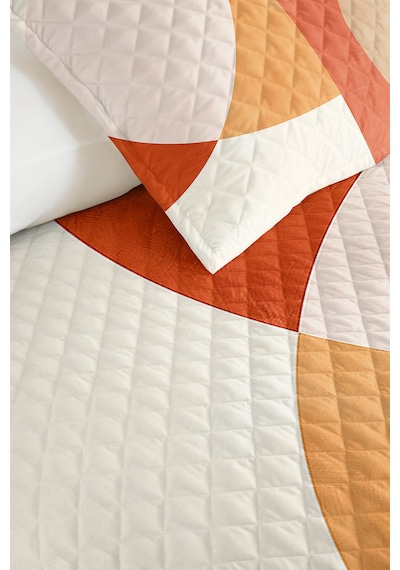 Turuncu Geometrik Genç Odası Tek Kişilik Pike Takımı - Modern Bej 160x220 Cm Kapitone Yatak Örtüsü Narin İpek Zemini