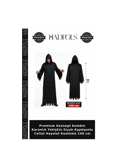 Premium Konsept Kombin Karanlık Yetişkin Siyah Kapüşonlu Cellat Hayalet Kostümü 140 Cm