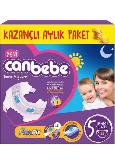 Canbebe Bebek Bezi Kilit Sistemli 5 Numara Junior Kazançlı Aylık Fırsat Paketi 44 Adet