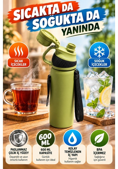 600 Ml Haki Termos Matara Paslanmaz Çelik İç Yüzeyli Kulplu Taşıma İpli Sıcak Soğuk İçecek