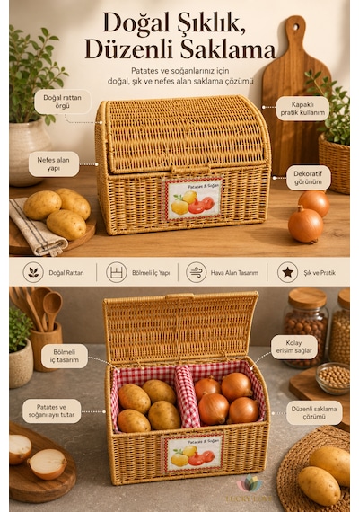 Rattan Bölmeli Patates Soğanlık Kapaklı Mutfak Saklama Sepeti Çıkarılabilir Astarlı Bej