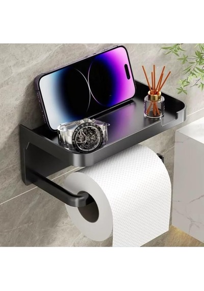 Marelli Black Telefonluklu Wc Kağıtlık / Siyah Tuvalet Kağıdı Tutucu Raflı Çok Renkli