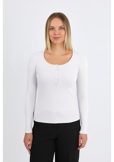 Hdm Kadın Beyaz Uzun Kollu Fitilli Patlı Çıtçıtlı Basic Örme Bluz - H6172