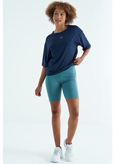 Tommy Life İndigo O Yaka Baskı Detaylı Oversize Kısa Kol Kadın T-shirt - 97263 Indigo