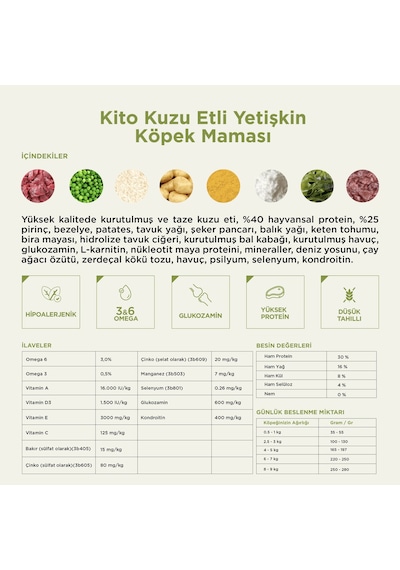 Kito Doğal Besi Kuzu Etli Yetişkin Köpek Maması 7 KG