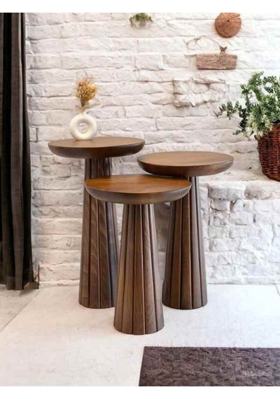 Ahşap Mantar Sehpa 3 Lü Set Ceviz Renk Masif Doğal Fiskos Sehpa Zigon Takımı - Wooden Side Table Ceviz