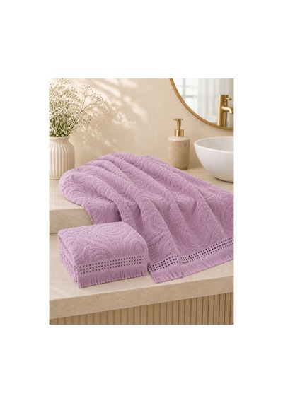 Paisley Desenli Saçaklı 2 Li Baş Ve Banyo Havlusu Seti 50x90 + 90x150 Cm - Lila