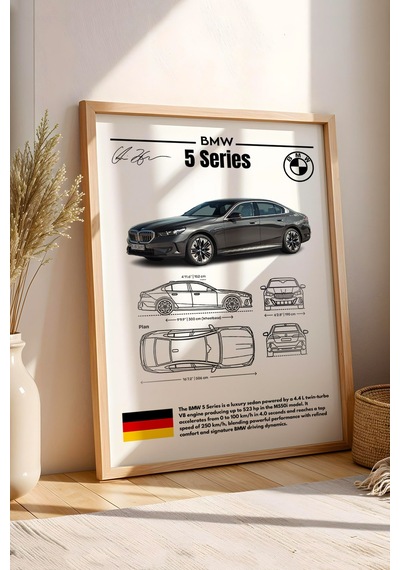 Bmw 5 Serisi Tablo - Teknik Özellikli Alman Lüks Sedan Poster - Çerçeveli Duvar Dekoru - Blueprint Kayın