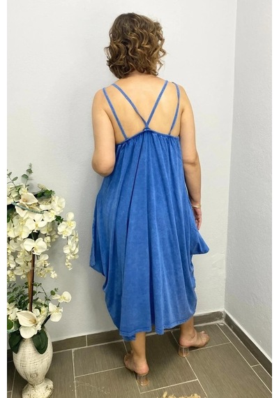 Mia Butik Büyük Beden Mavi Pamuklu Şalvar Kesim Çiçekli Elbise Mavi