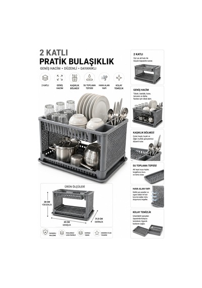 2 Katlı Geniş Hacimli Bulaşıklık Kaşıklık Bölmeli, Su Toplama Tepsili, Pratik Mutfak Düzenleyici Gri
