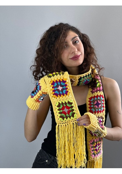 Gönülden Tasarım El Örgüsü Etnik Motif Desenli Atkı Eldiven Set Atkı 180 Cm Sarı