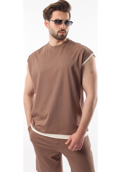 Madmext Vizon Sıfır Kol Erkek Şort T-shirt Takım E7308 Vizon