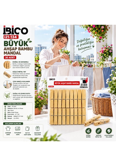 20pcs Büyük Ahşap Bambu Mandal Çok Renkli