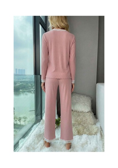 Merry See Ribanalı Dantel Detay İki Parça Pijama Takım Pembe