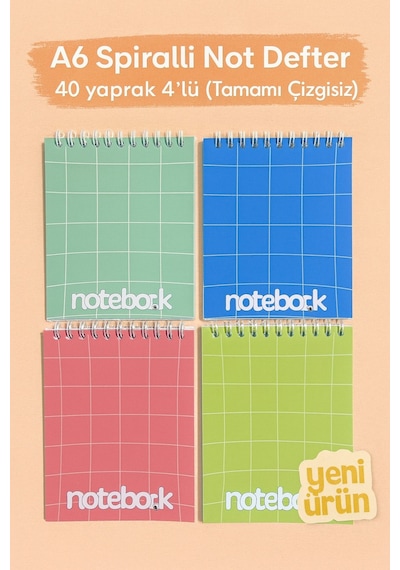 A6 Spiralli Not Defter 40 Yaprak 4'lü Tamamı Çizgisiz
