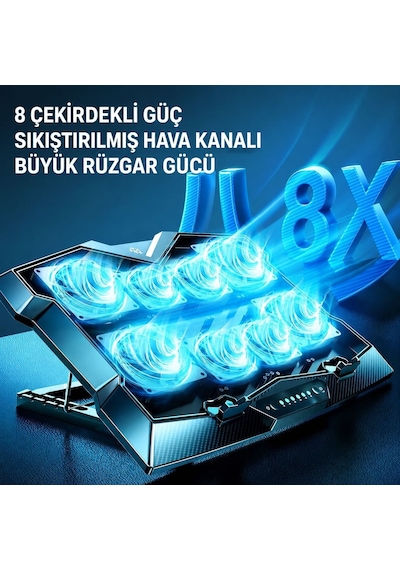 Techtic 8 Fanlı 18-11inç Rgb Işıklı Notebook Laptop Soğutucu Fan Yükseklik Ayarlı