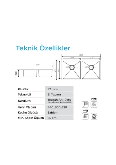 Crauf Stella 4580 Pvd Füme 2 Gözlü Paslanmaz Çelik Mutfak Eviyesi Füme