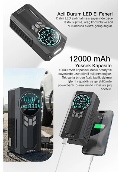 Kensa Taşınabilir Dijital Hava Kompresörü Jump Starter Powerbank Siyah