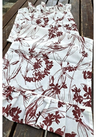 Bordo Çiçekli Pileli Runner - Dekoratif Runner - Keten Pileli Runner 40x110cm Renkli