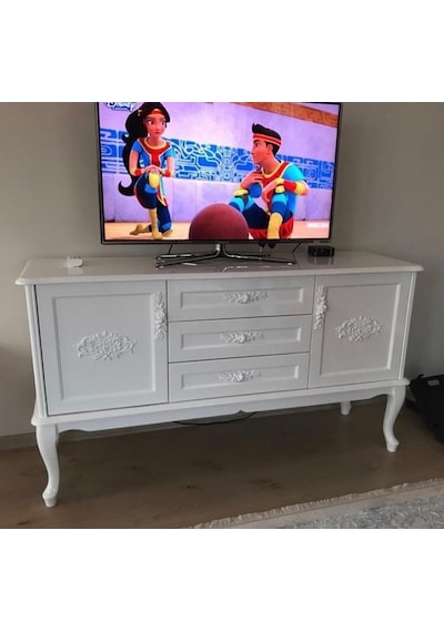 Masifart Pectus Tv Ünitesi Işlemeli Beyaz Lake