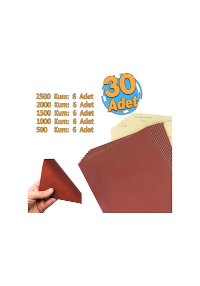 30'lu Set El Su Zımparası Kağıdı Far Temizleme Parlatma Seti 2500-2000-1500-1000-500 Kum